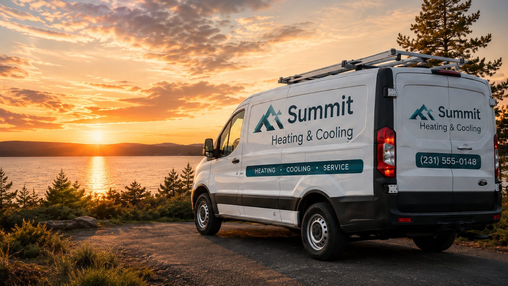 Summit Heating and Cooling service van at sunset overlooking a Northern Michigan lake